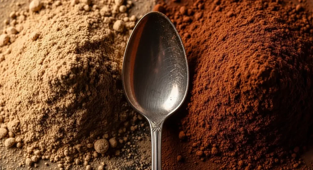 Three wooden bowls containing natural, Dutch-processed, and black baking cocoa powder with a whisk and sifter.