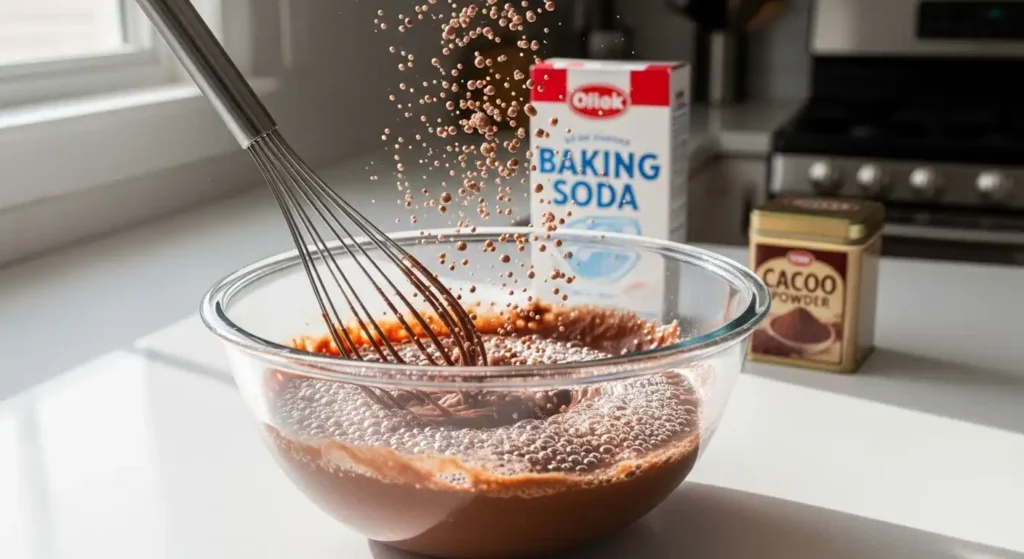 Whisking chocolate batter in a glass bowl with a box of baking soda and a tin of cocoa powder in the background.