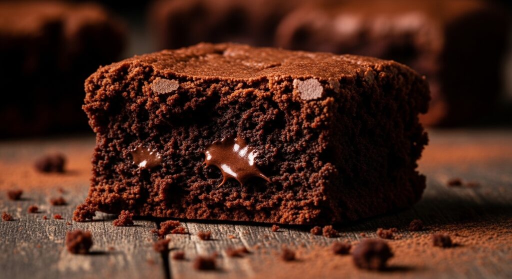 Detailed view of the texture and crumb of a moist chocolate brownie made with premium baking cocoa powder.