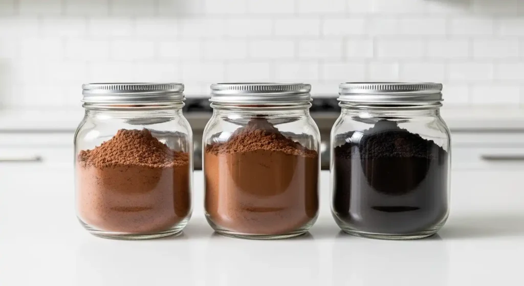 Three airtight glass jars containing different shades of baking cocoa powder on a white kitchen counter.