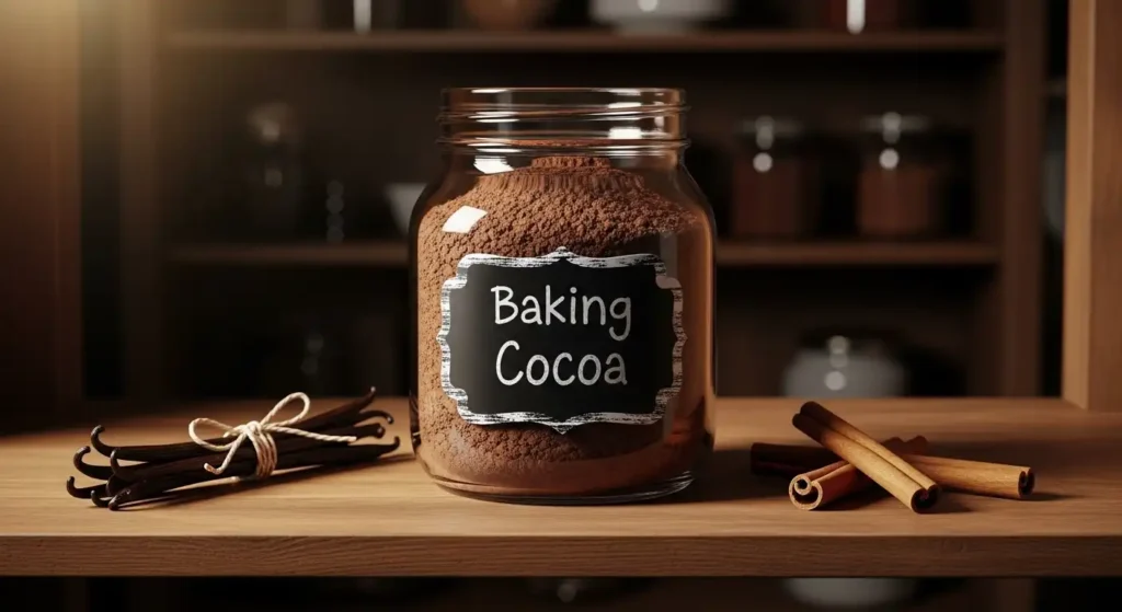 A glass jar labeled Baking Cocoa on a wooden pantry shelf with vanilla beans and cinnamon sticks.