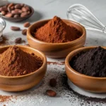 Three wooden bowls with different cocoa powders, a sifter, whisk, and cocoa beans on a marble surface.