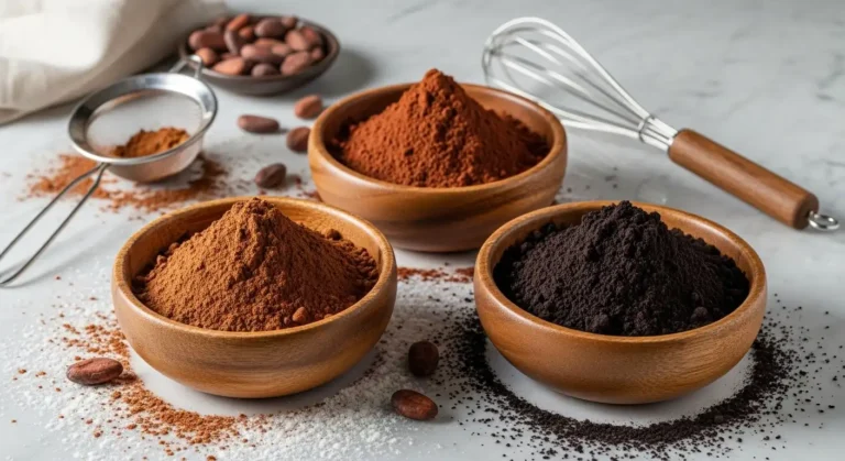 Three wooden bowls with different cocoa powders, a sifter, whisk, and cocoa beans on a marble surface.